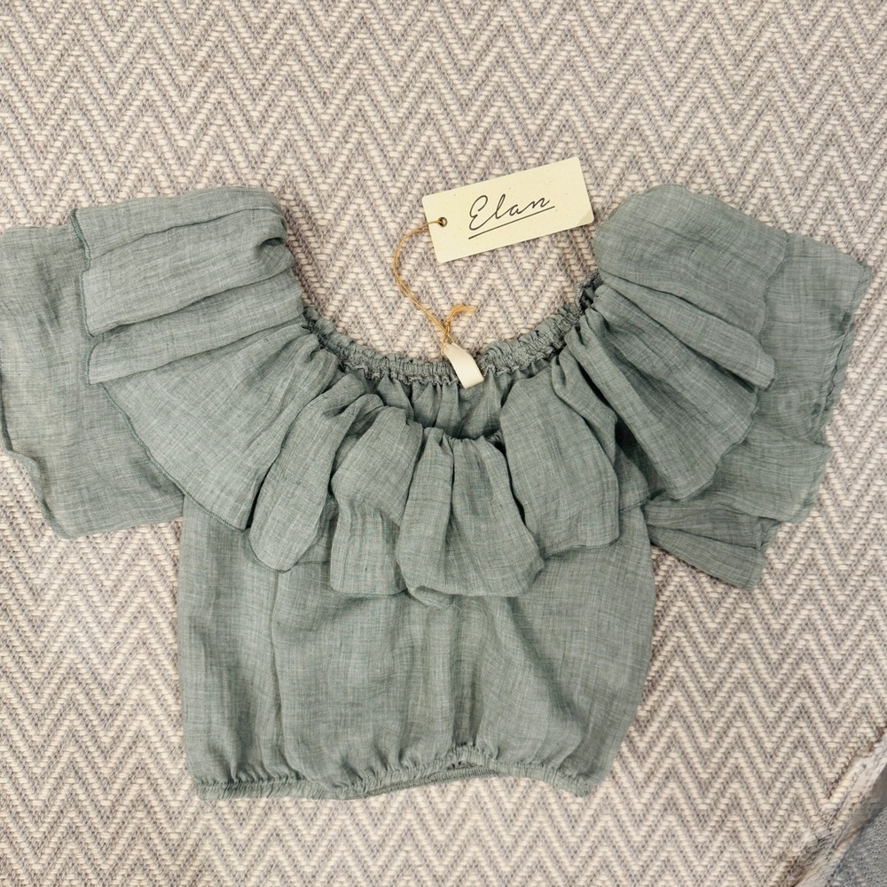 Elan Olive Green Ruffle Off-Shoulder Crop Top M NWT Boho Festival Gauze Blouse